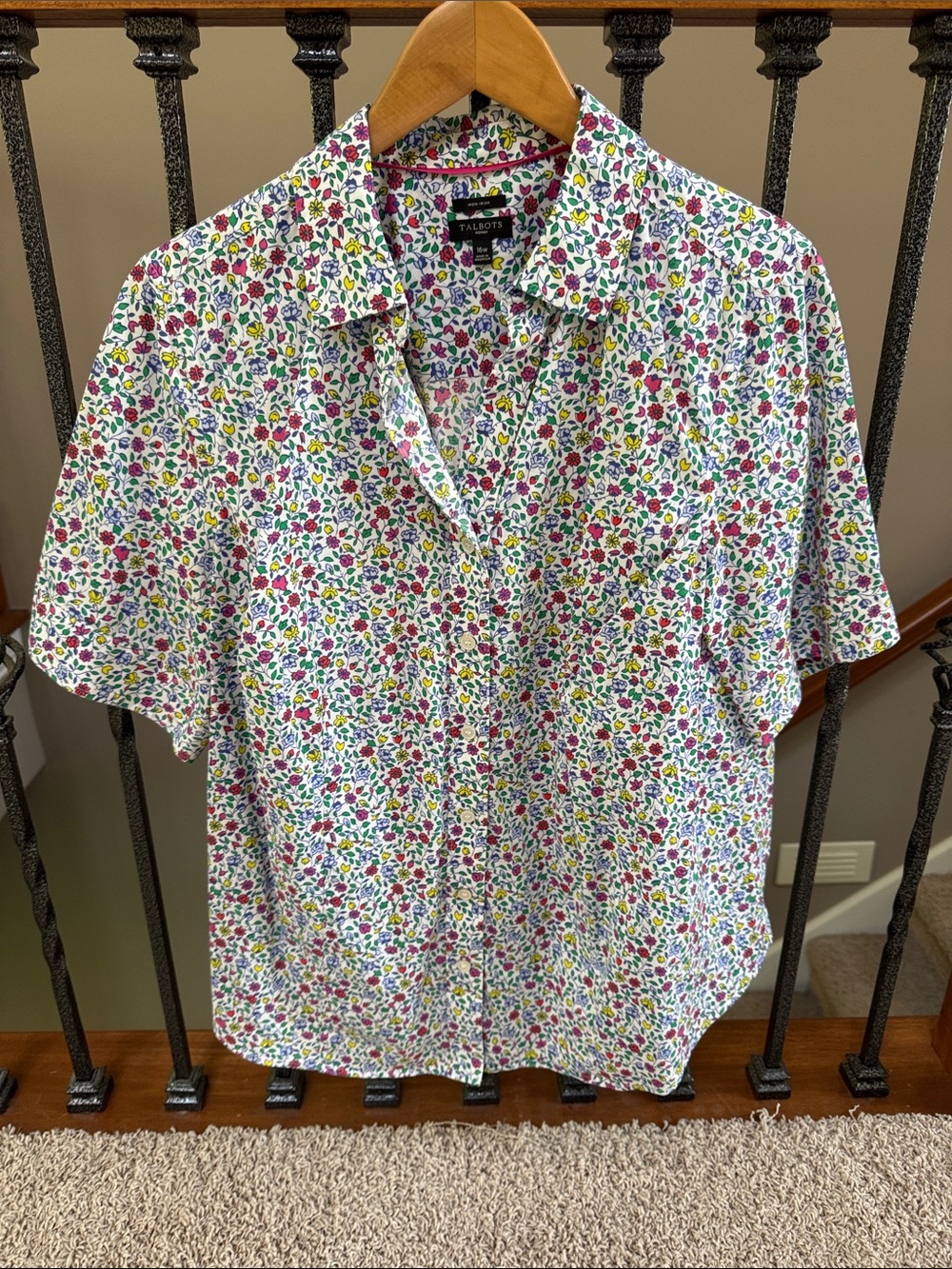 Talbots White Short-Sleeve Button-Down Shirt with Multicolor Floral Print